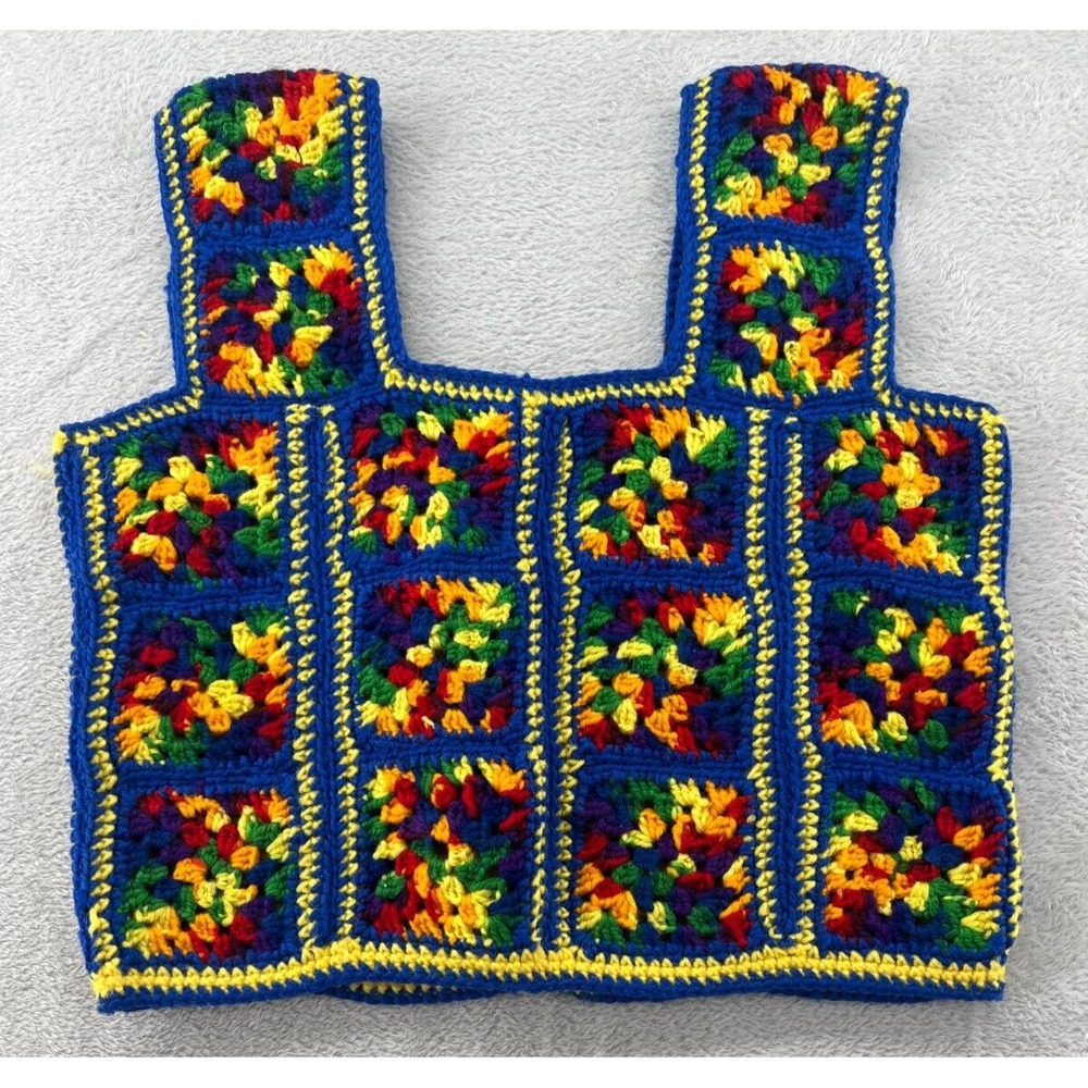 VTG Handmade Crochet Tank Top Rainbow Granny Square Vest Boho Knit Top